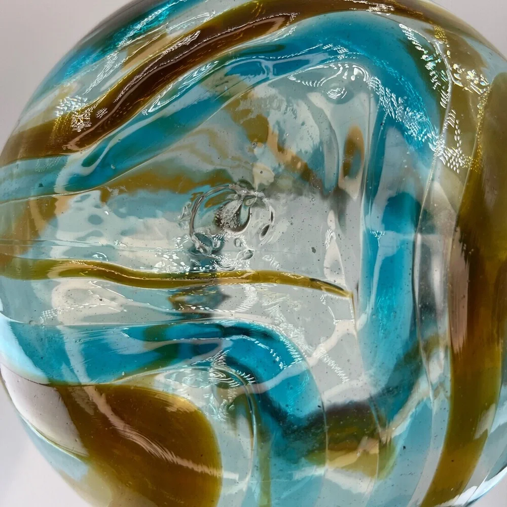 Mexican Hand Blown Art Glass Pitcher Turquoise Brown Vessel With Handle Swirl